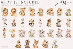 Watercolor safari birthday clipart bundle with cute baby animals wearing party hats, balloons, gifts and tropical trees.