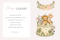 Cute safari animal clipart for birthday projects featuring baby jungle animals, pastel colors and watercolor party accessories.