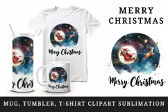 Watercolor Santa Claus flying sleigh starry sky Merry Christmas quote print 20 oz tumbler skinny mug wrap clipart t-shirt sublimation printable design