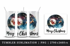 Watercolor Santa Claus flying sleigh starry sky Merry Christmas quote print 20 oz tumbler skinny mug wrap clipart t-shirt sublimation printable design