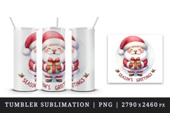 Watercolor Santa Claus holding gift round Season s Greetings quote print 20 oz tumbler skinny mug wrap clipart t-shirt sublimation printable design