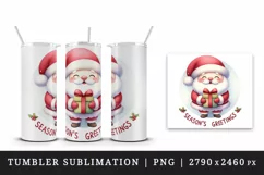Watercolor Santa Claus holding gift round Season s Greetings quote print 20 oz tumbler skinny mug wrap clipart t-shirt sublimation printable design