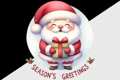 Watercolor Santa Claus holding gift round Season s Greetings quote print 20 oz tumbler skinny mug wrap clipart t-shirt sublimation printable design