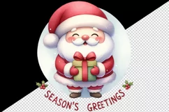 Watercolor Santa Claus holding gift round Season s Greetings quote print 20 oz tumbler skinny mug wrap clipart t-shirt sublimation printable design