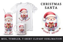 Watercolor Santa Claus holding gift round Season s Greetings quote print 20 oz tumbler skinny mug wrap clipart t-shirt sublimation printable design