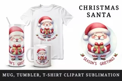 Watercolor Santa Claus holding gift round Season s Greetings quote print 20 oz tumbler skinny mug wrap clipart t-shirt sublimation printable design