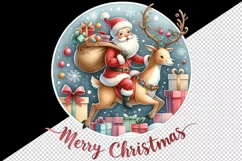 Watercolor Santa Claus riding reindeer gifts Merry Christmas quote print 20 oz tumbler skinny mug wrap clipart t-shirt sublimation printable design