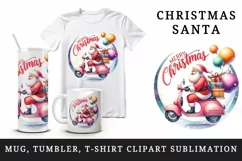 Watercolor Santa Claus riding scooter gifts Merry Christmas quote print 20 oz tumbler skinny mug wrap clipart t-shirt sublimation printable design