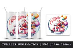 Watercolor Santa Claus riding scooter gifts Merry Christmas quote print 20 oz tumbler skinny mug wrap clipart t-shirt sublimation printable design