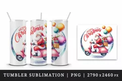 Watercolor Santa Claus riding scooter gifts Merry Christmas quote print 20 oz tumbler skinny mug wrap clipart t-shirt sublimation printable design
