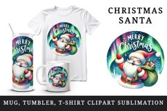 Watercolor Santa Claus sack gift northern lights Merry Christmas quote print 20oz tumbler skinny mug wrap clipart t-shirt sublimation printable design