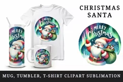 Watercolor Santa Claus sack gift northern lights Merry Christmas quote print 20oz tumbler skinny mug wrap clipart t-shirt sublimation printable design
