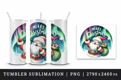 Watercolor Santa Claus sack gift northern lights Merry Christmas quote print 20oz tumbler skinny mug wrap clipart t-shirt sublimation printable design