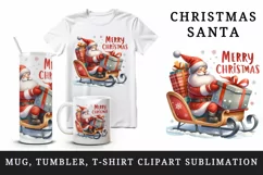 Watercolor Santa Claus sleigh huge gift present Merry Christmas quote print 20 oz tumbler skinny mug wrap clipart t-shirt sublimation printable design