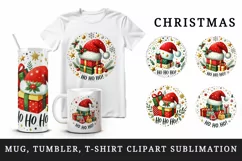 Watercolor Santa hat on stack of presents Ho Ho Ho Christmas quote New Year print tumbler skinny mug wrap clipart t-shirt sublimation printable design