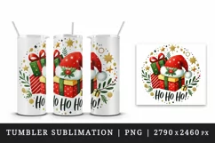 Watercolor Santa hat on stack of presents Ho Ho Ho Christmas quote New Year print tumbler skinny mug wrap clipart t-shirt sublimation printable design