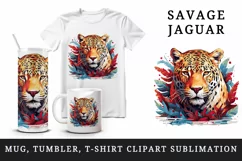 Watercolor Savage Jaguar leopard flowers cheetah Africa wild animal print 20 oz tumbler skinny mug wrap clipart t-shirt sublimation printable design