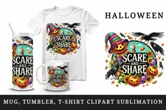 Watercolor scarecrow crows pumpkins Scare and Share Halloween circular print 20oz tumbler skinny mug wrap clipart t-shirt sublimation printable design