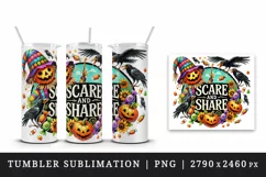 Watercolor scarecrow crows pumpkins Scare and Share Halloween circular print 20oz tumbler skinny mug wrap clipart t-shirt sublimation printable design