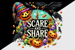 Watercolor scarecrow crows pumpkins Scare and Share Halloween circular print 20oz tumbler skinny mug wrap clipart t-shirt sublimation printable design