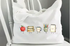 Digital teacher graphic featuring five school-inspired watercolor characters standing side by side, with a classic red apple, vintage books, cozy mug, colored pencils and cream notebook.