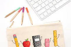 Watercolor school character PNG featuring five classic classroom supplies with happy faces, including a yellow pencil, red apple, notebook, pink eraser and ruler.