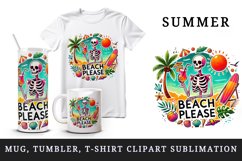 Watercolor skeleton holding cocktail palm trees Beach Please quote summer print tumbler skinny mug wrap clipart t-shirt sublimation printable design