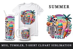 Watercolor skeleton holding ice cream palm trees Chill Vibes summer print 20 oz tumbler skinny mug wrap clipart t-shirt sublimation printable design