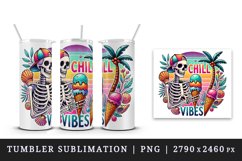Watercolor skeleton holding ice cream palm trees Chill Vibes summer print 20 oz tumbler skinny mug wrap clipart t-shirt sublimation printable design