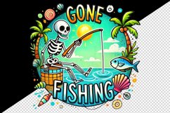 Watercolor skeleton with fishing rod palm tree Gone Fishing summer print 20 oz tumbler skinny mug wrap clipart t-shirt sublimation printable design
