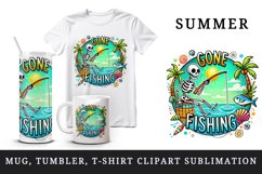 Watercolor skeleton with fishing rod palm tree Gone Fishing summer print 20 oz tumbler skinny mug wrap clipart t-shirt sublimation printable design