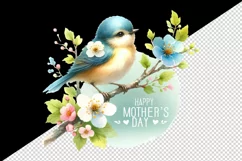 Watercolor small bird sitting atop branch Happy Mother Day quote print 20 oz tumbler skinny mug wrap clipart t-shirt sublimation printable design