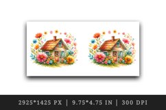 Watercolor small cozy house surrounded by flowers summer spring garden print 20oz tumbler skinny mug wrap clipart t-shirt sublimation printable design