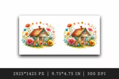 Watercolor small cozy house surrounded by flowers summer spring garden print 20oz tumbler skinny mug wrap clipart t-shirt sublimation printable design