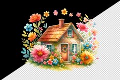 Watercolor small cozy house surrounded by flowers summer spring garden print 20oz tumbler skinny mug wrap clipart t-shirt sublimation printable design