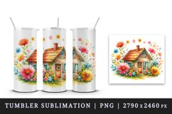 Watercolor small cozy house surrounded by flowers summer spring garden print 20oz tumbler skinny mug wrap clipart t-shirt sublimation printable design