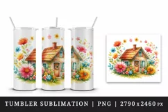 Watercolor small cozy house surrounded by flowers summer spring garden print 20oz tumbler skinny mug wrap clipart t-shirt sublimation printable design