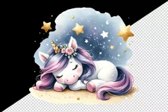 Watercolor small cute unicorn napping under starry sky print 20 oz tumbler skinny mug wrap clipart t-shirt sublimation printable design