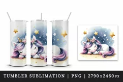 Watercolor small cute unicorn napping under starry sky print 20 oz tumbler skinny mug wrap clipart t-shirt sublimation printable design