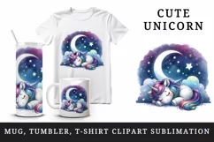 Watercolor small cute unicorn napping under starry sky print 20 oz tumbler skinny mug wrap clipart t-shirt sublimation printable design