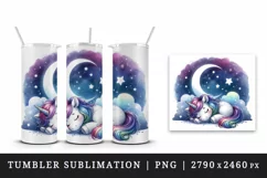 Watercolor small cute unicorn napping under starry sky print 20 oz tumbler skinny mug wrap clipart t-shirt sublimation printable design