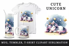 Watercolor small cute unicorn napping under starry sky print 20 oz tumbler skinny mug wrap clipart t-shirt sublimation printable design