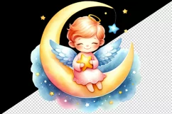 Watercolor smiling cute angel on crescent moon holding twinkling star print 20 oz tumbler skinny mug wrap clipart t-shirt sublimation printable design