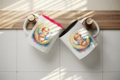 Watercolor smiling cute angel on crescent moon holding twinkling star print 20 oz tumbler skinny mug wrap clipart t-shirt sublimation printable design