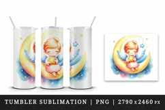 Watercolor smiling cute angel on crescent moon holding twinkling star print 20 oz tumbler skinny mug wrap clipart t-shirt sublimation printable design