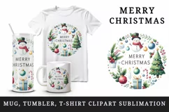 Watercolor smiling snowman hat tree presents Merry Christmas quote print 20 oz tumbler skinny mug wrap clipart t-shirt sublimation printable design