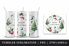 Watercolor smiling snowman hat tree presents Merry Christmas quote print 20 oz tumbler skinny mug wrap clipart t-shirt sublimation printable design