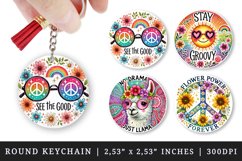 Watercolor smiling sun with sunglasses llama peace sign sunflowers daisies Boho Hippie Retro quote print round keychain keychains sublimation design