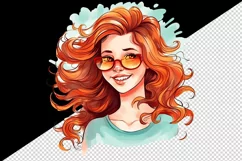 Watercolor smiling woman girl with long wavy red hair and glasses summer print tumbler skinny mug wrap clipart t-shirt sublimation printable design