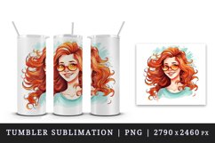 Watercolor smiling woman girl with long wavy red hair and glasses summer print tumbler skinny mug wrap clipart t-shirt sublimation printable design